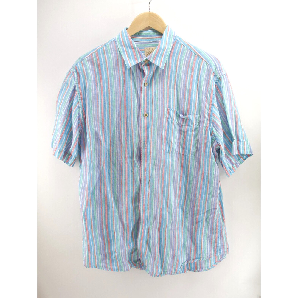 Jos A Bank Shirt Mens Sz L Blue‎ Rainbow Striped Linen Button Up Short Sleeve